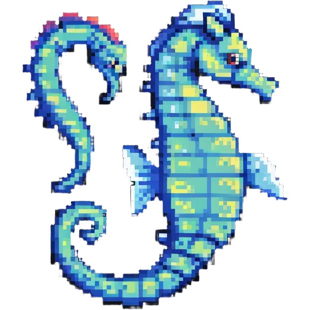 A colorful seahorse with detailed pixelated texture, aquatic creature emoji