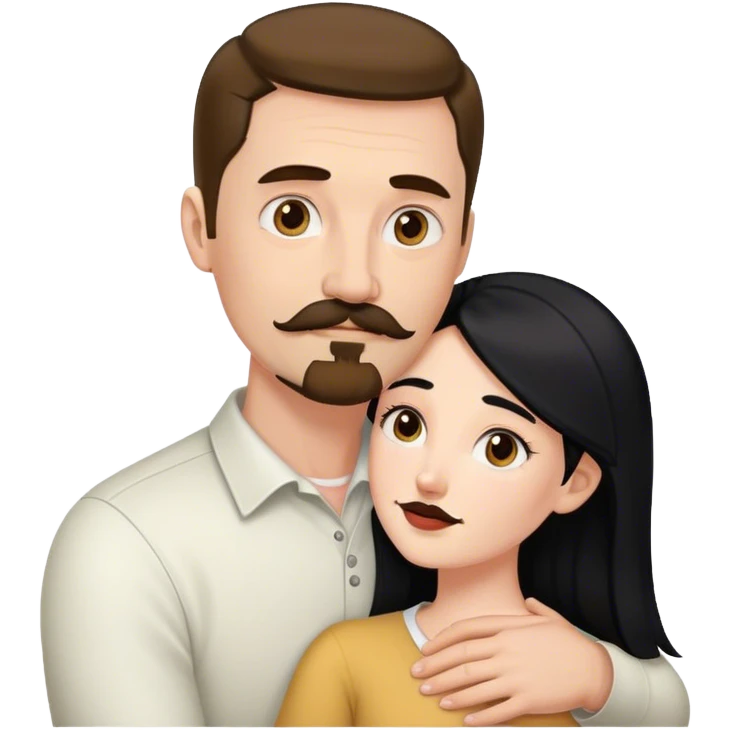 Tall white man with brown mustache and goatee hugging a short pale woman with long black hair emoji