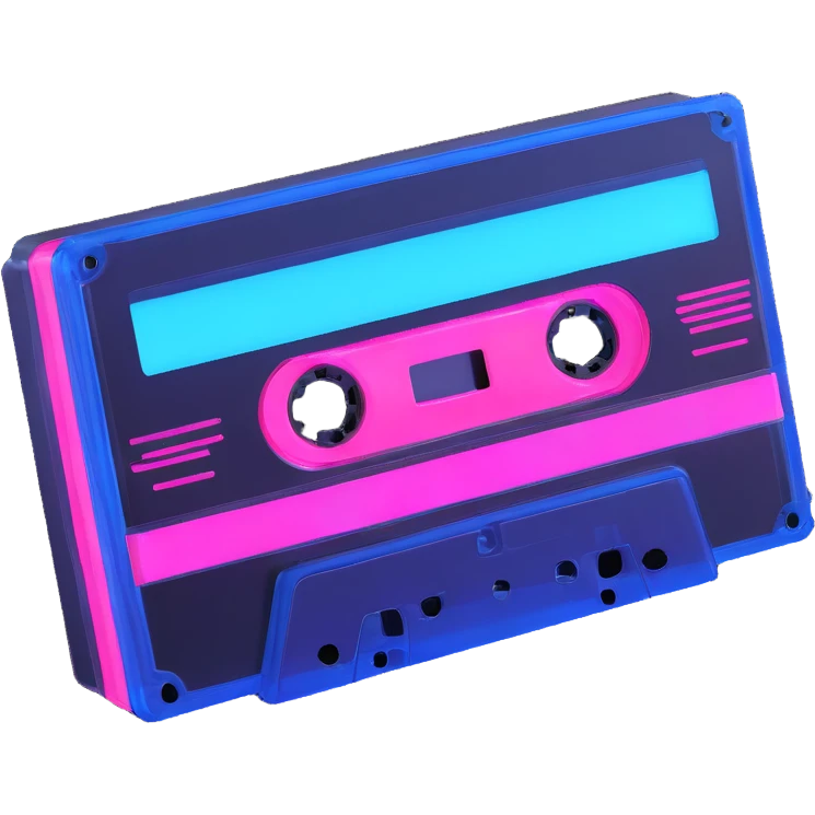 synthwave cassette tape with neon pink and blue glowing in dark emoji