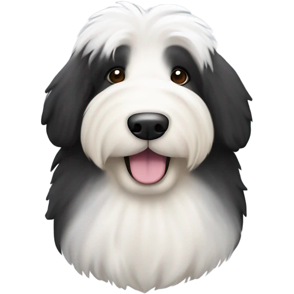 Old English sheepdog with a half and half face like a black (right side) and white (left side) cookie emoji