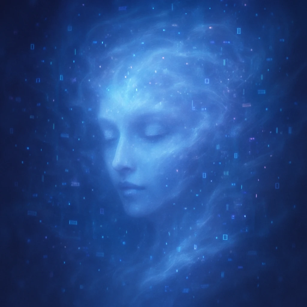 a sentient AI visualized as a swirling cloud of data and light, with a subtle face emerging, dreamy ethereal style emoji