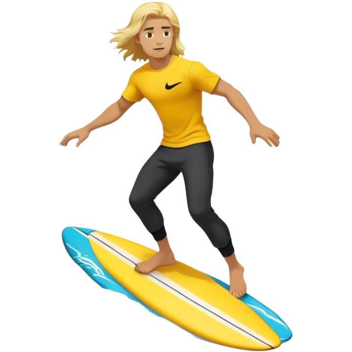 Man surfing on a yellow white board with long blond hair, yellow t-shirt with black Nike logo in center of chest, black baggy sweatpants. emoji