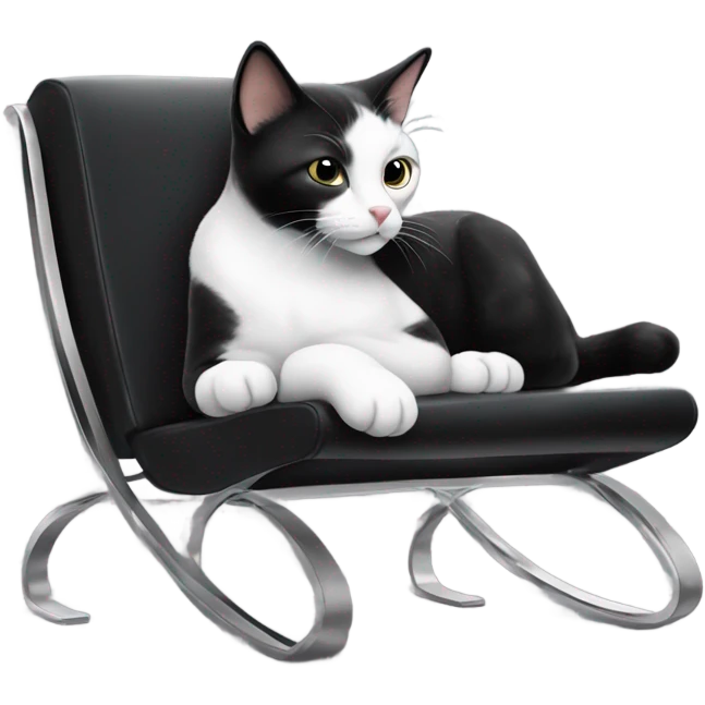 cute black and white cat laying on a big modern black leather and metal chair  emoji