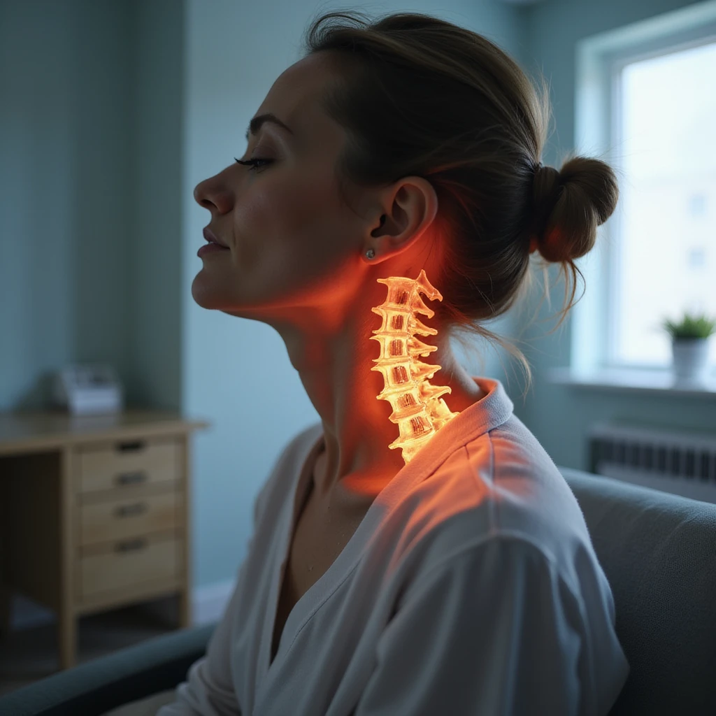 realistic anatomical seated woman with contracted cervical muscles, evident pain, medical environment emoji