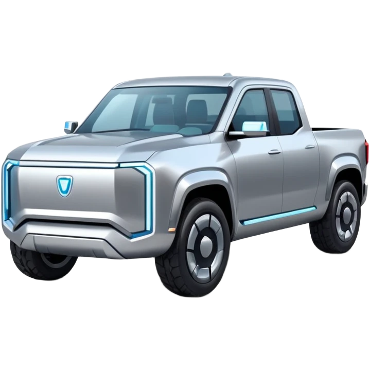 A futuristic electric pickup truck emoji, silver chrome body, angular cyber design, smooth metallic panels, subtle reflections, minimalistic proportions, iOS emoji style, centered composition, clean white background, soft lighting emoji