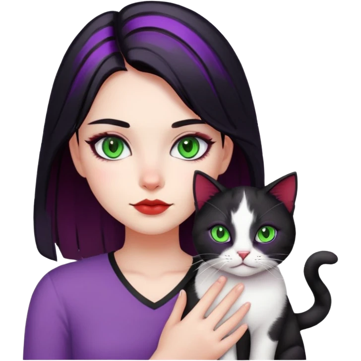girl with purple highlights and black hair with green eyes with her cat red white black  emoji