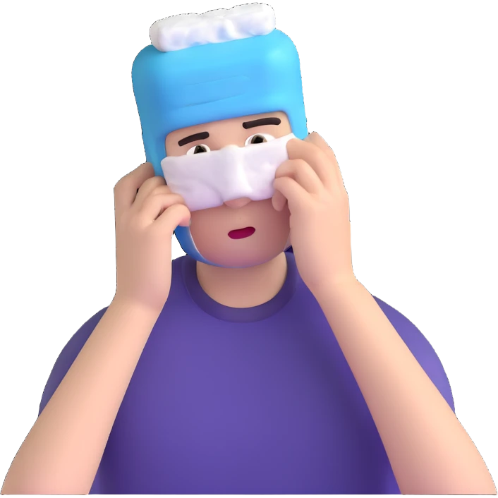 person with a headache, ice pack on head, tired eyes emoji
