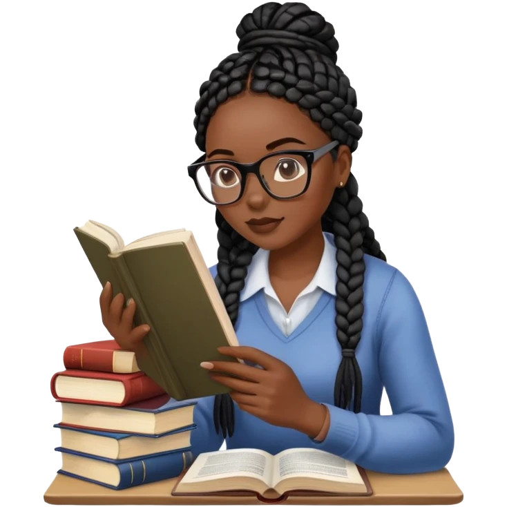 A dark-skinned Black woman with black box braids, wearing glasses, reading a textbook with a stack of books beside her. emoji