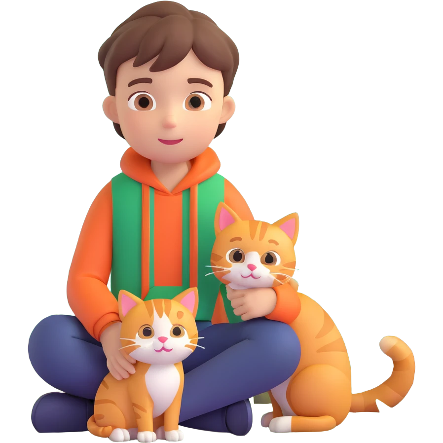 boy and cat pet in forrest background, close up pose emoji