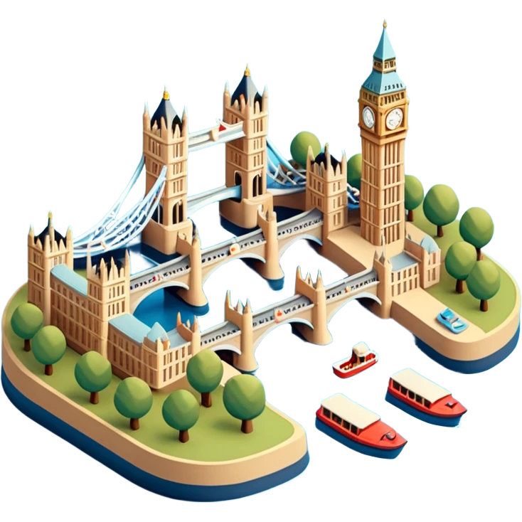 Isometric illustration of London with Tower Bridge over a small river section, toy-style boats, Big Ben peeking in background, vibrant yet muted colors, in miniature diorama style. emoji