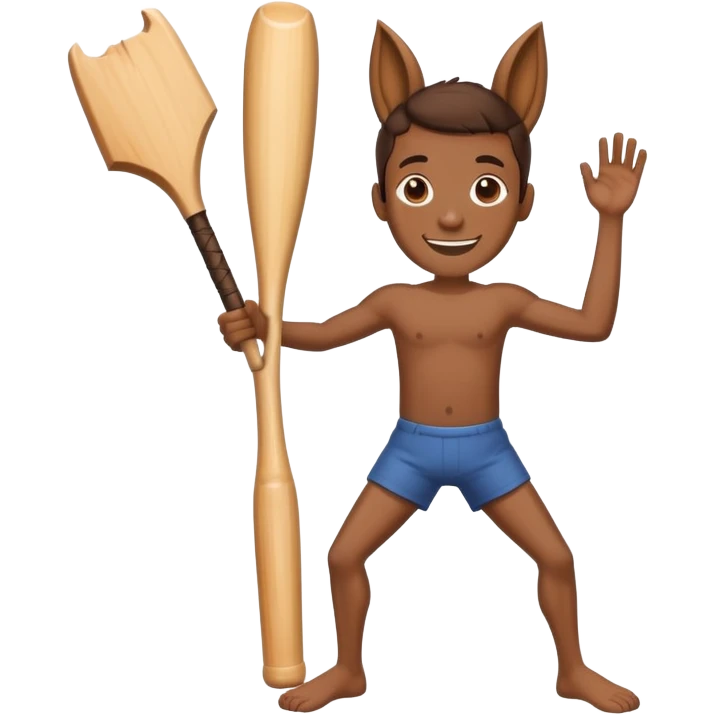 Make me a log standing up straight with legs and holding a wooden bat with big feet with skinny arms and legs with strong facial structure and smiling  emoji