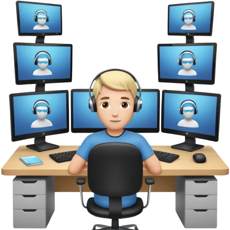 A stylized 3D avatar icon of a developer sitting at a desk, surrounded by three curved monitors floating around them. The screens show browser tabs, documentation, and code. emoji