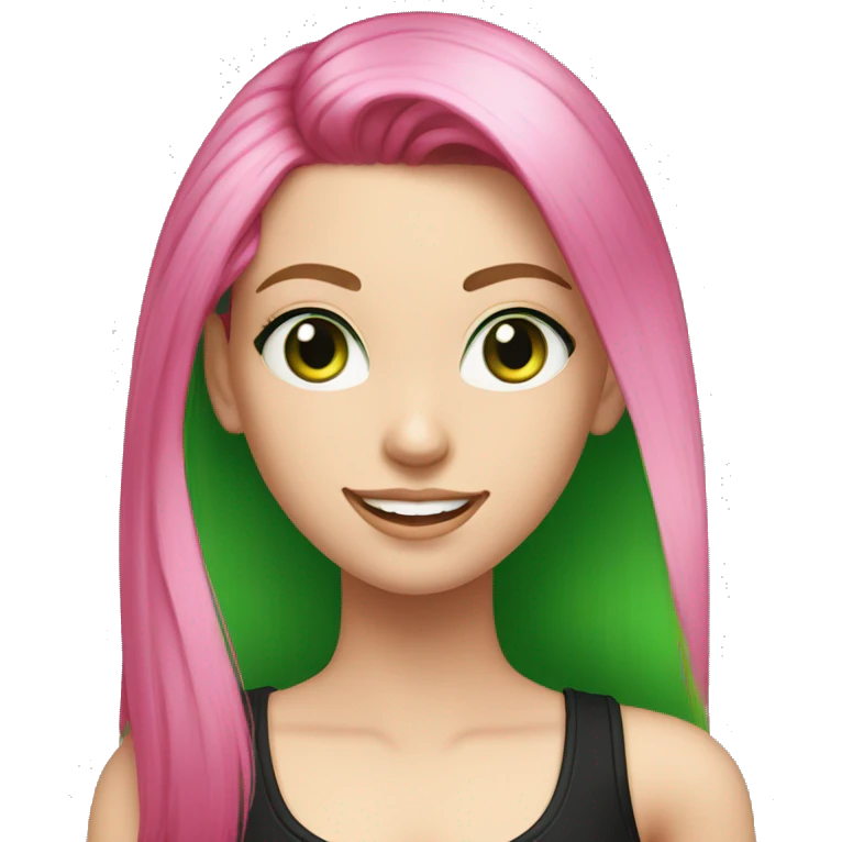 a girl with green eyes and long hot pink hair wearing a black tank top, pale skin, grin, slicked back hairstyle emoji