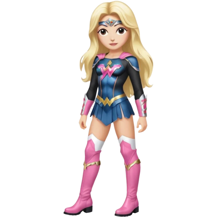 Wonderwoman, long blond hair with pink highlights, black-pink leather outfit, white knee high boots emoji