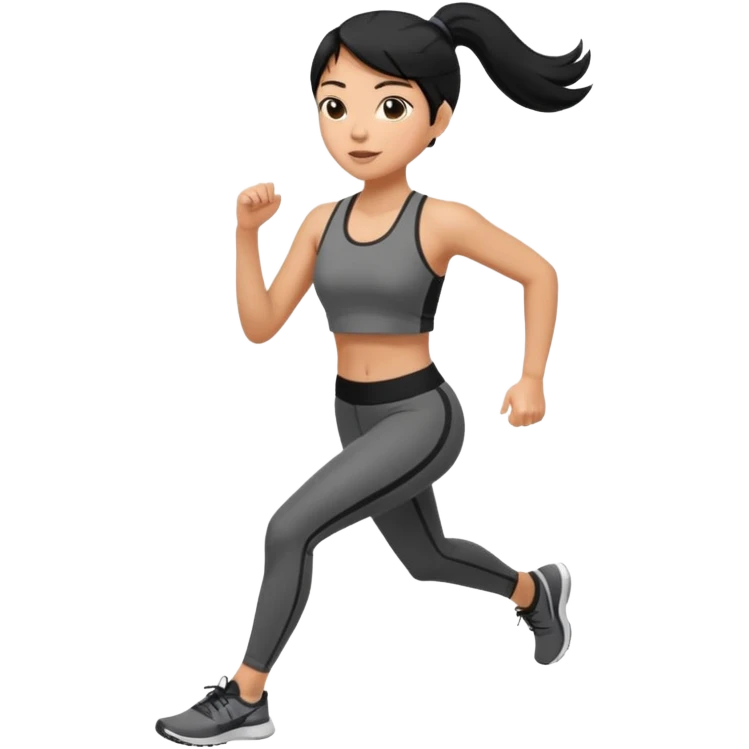 side view of a slightly caramel tan colored woman with straight black hair in a mid-high ponytail, jogging emoji