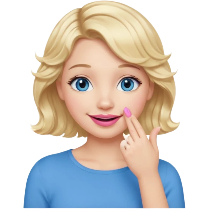 Girl Blonde short wavy hair,  blue eyes, cute blue top, long lashes, pink lips, smiling, hand covering the mouth emoji