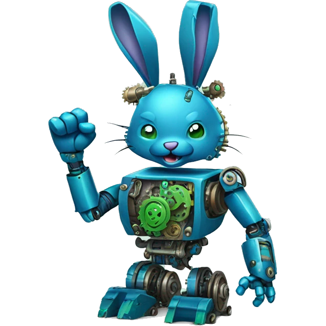 The blue and green robot rabbit with detailed gears and mechanical parts visible, with a raised fist showcasing its strength. emoji