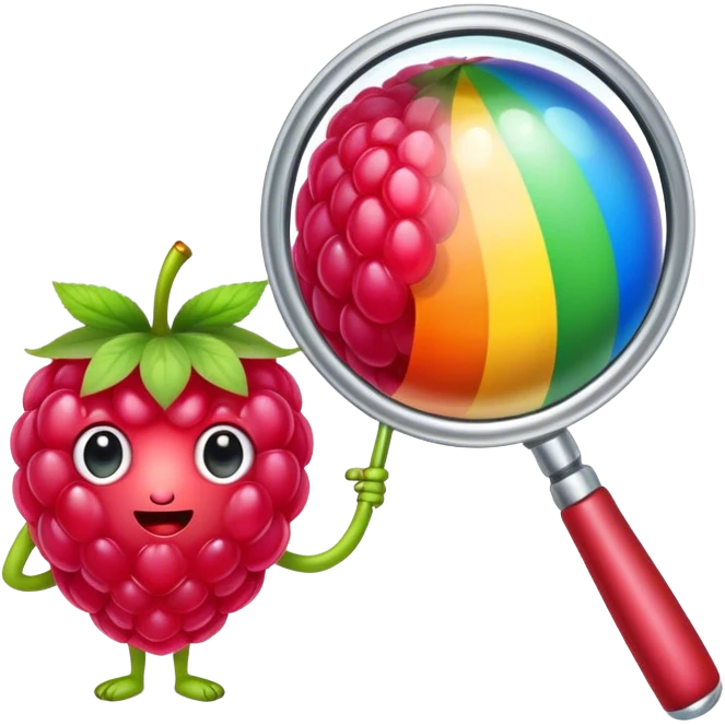 a raspberry holds a rainbow colored magnifier with its budding from handle of magnifier emoji
