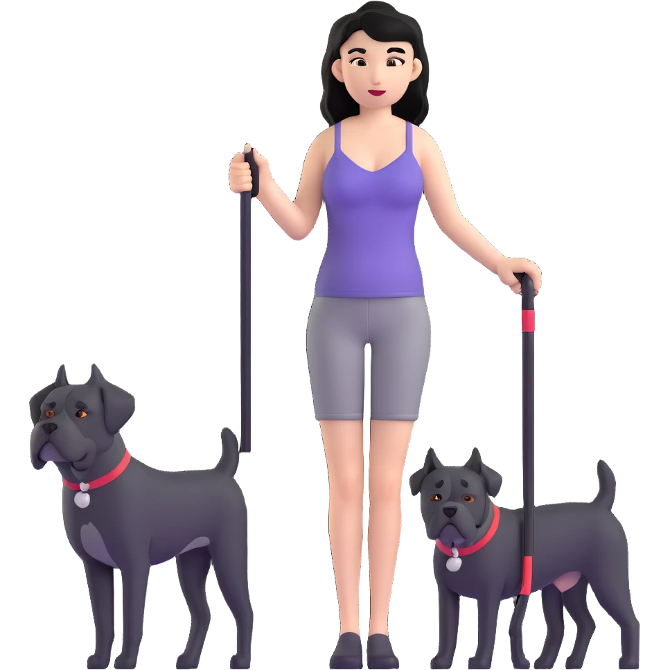 Woman with long black hair wearing spaghetti strap top holding a black Cane Corso dog with cropped ears and short tail emoji