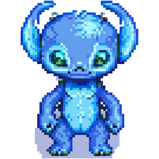Stitch, the blue alien from Lilo & Stitch, in a playful pose, pixel art style emoji