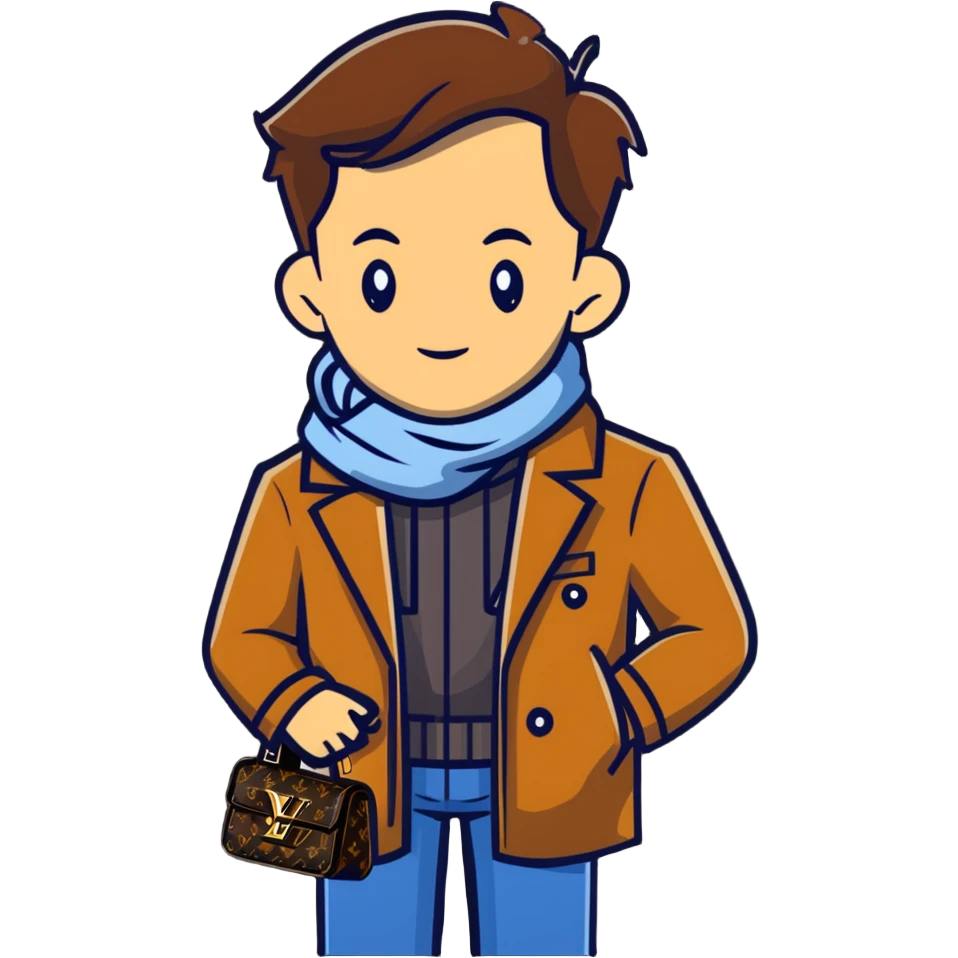 elegant man wearing Louis Vuitton coat and scarf with the iconic LV monogram emoji