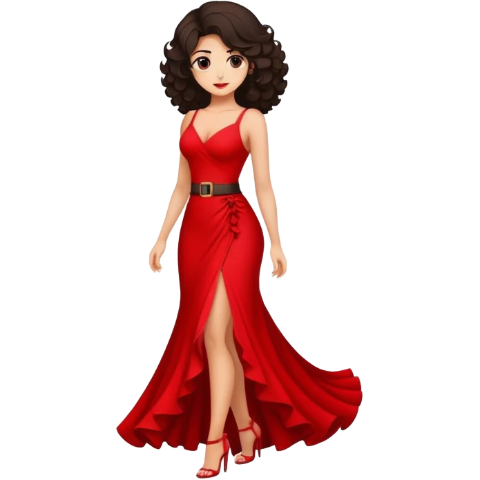 Una chica cuerpo completo con cintura pelo rizado perfecto largo morena con vestido rojo largo emoji