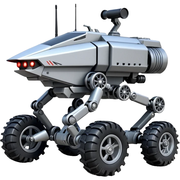 unstoppable accurate 8-wheel armored canine sporty self-balancing army massive mech trail vehicle shooting forward side-hill leaning actively robotically articulating hydraulic independent suspended pod gimbal enemy mech off-road racing rover with large fast engine RC basher crawler megatron  emoji