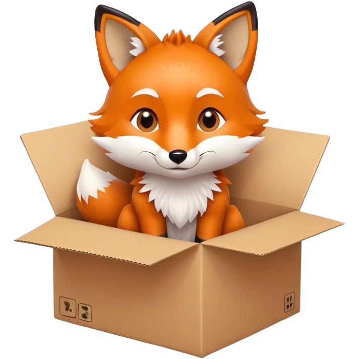 Cute fox sitting in a cardboard box with playful expression, kids toy aesthetic emoji