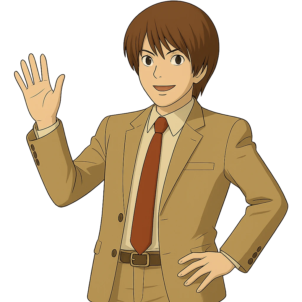 Create an exact Light Yagami in Ghibli style, standing with one hand waving, wearing the same suit, with the same confident expression, on a transparent background. emoji