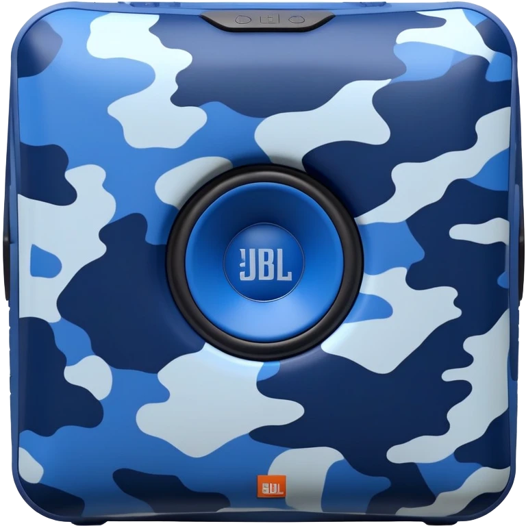 Abstract minimalist JBL Clip 4 speaker with blue and navy camouflage pattern, iOS emoji style emoji