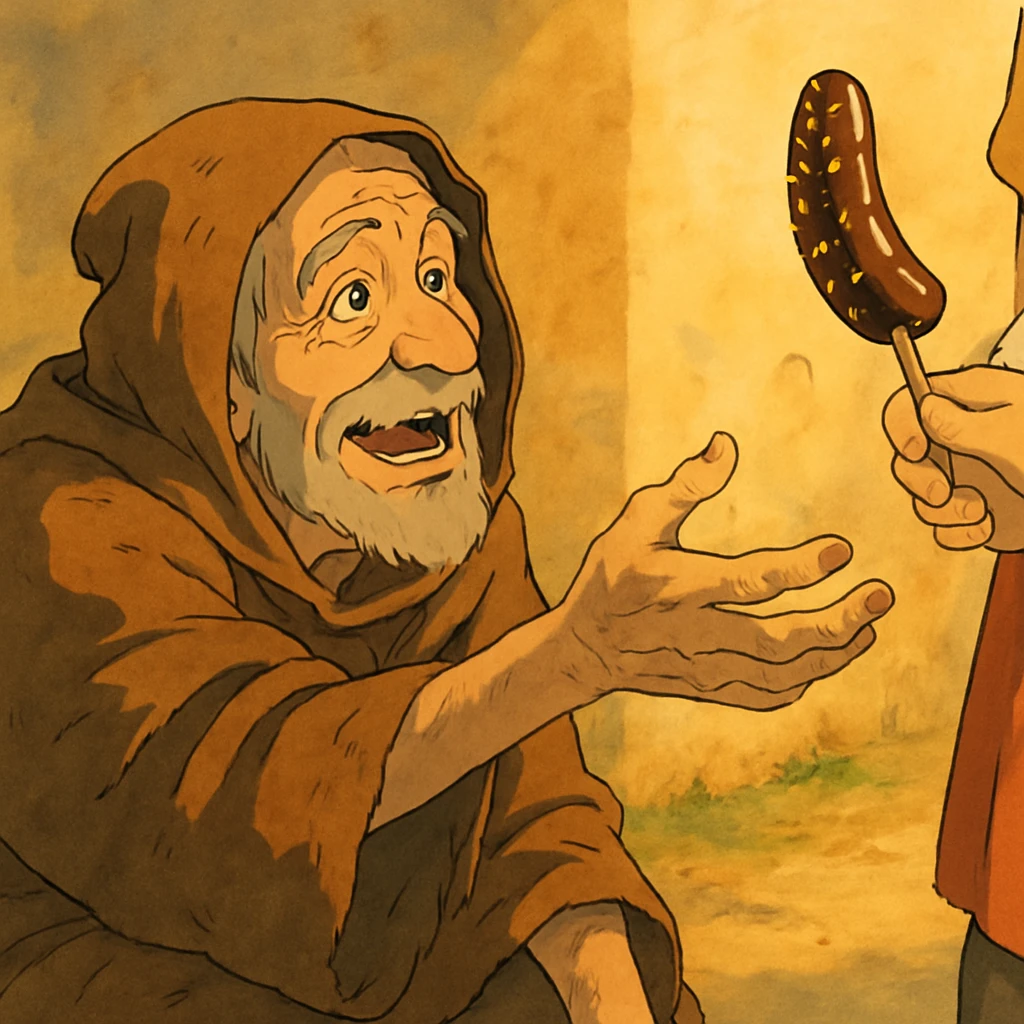 ghibli style illustration of a beggar reaching for a chocobanana, warm and expressive emoji