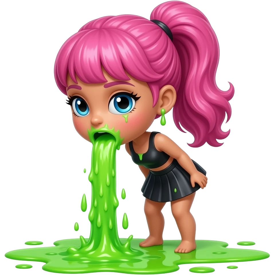 A full-body doll with a pretty ponytail is vomiting neon green through her mouth, spewing it out onto the floor at her feet niagara emoji