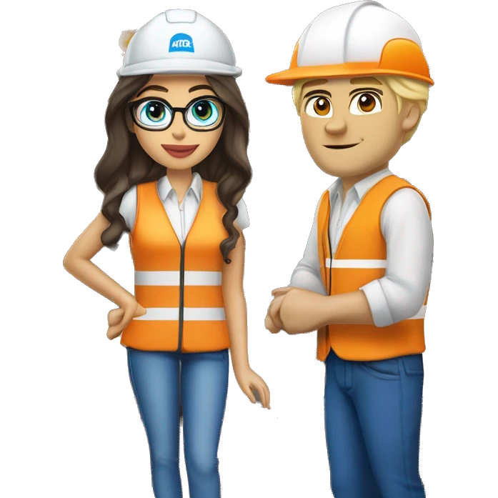 (madison beer as barista) standing next to (handsome blonde man, no beard but with mustache, blue/green eyes, glasses, wearing white hard hat that says ”gmc” in orange letters, orange safety vest, blue shirt on) emoji