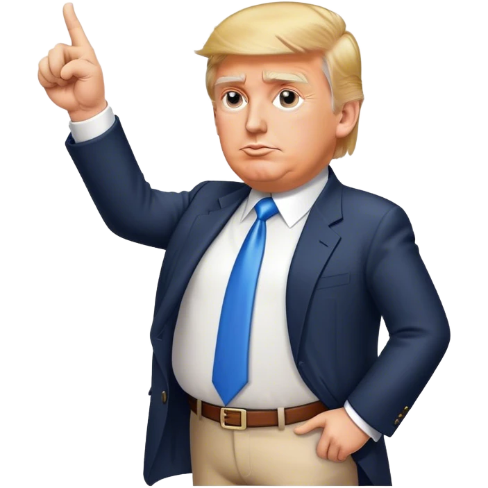 Donald Trump pointing his finger up, full-length, don't make big eyes, hyper-realistic emoji
