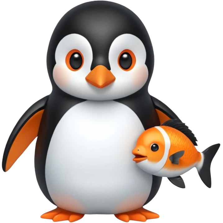A cute penguin doll holding an orange fish doll in its hands.
A house of ice behind it. emoji