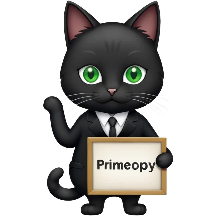 Cat in a black suit holding a sign with the inscription "PrimeCopy" emoji