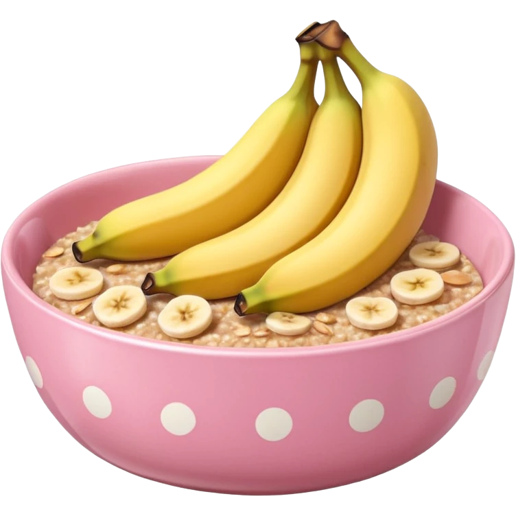 banana baked oats in a bowl like oat meal with a couple banana slices on top that look a little bit caramelised and a light pink bowl with white polka dots please with NO whole banana on top just slices  emoji