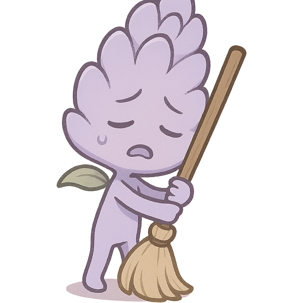 chibi style soft lavender flower, hugging a broom, exhausted expression, gentle purple, full-body emoji