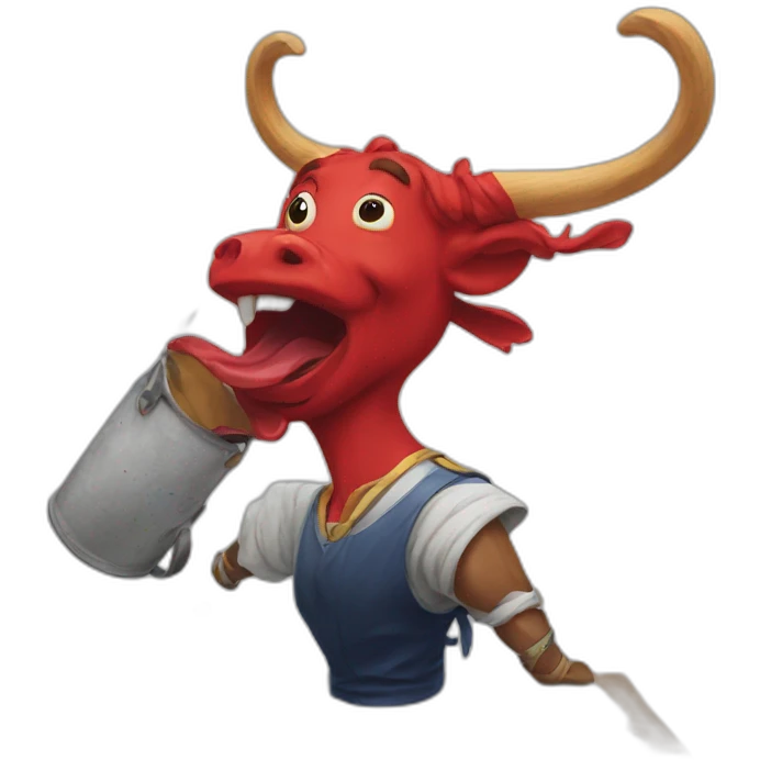 An artistic red bull painting a picture emoji