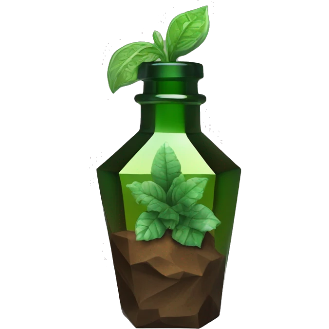 symbolic dirt humus in a bottle sculpture symbolizing Capricorn with a geometric, faceted design. The bottle is standing upright with angular and baroque features. The vibrant deep green plants colors highlights the sharp edges and planes.  emoji