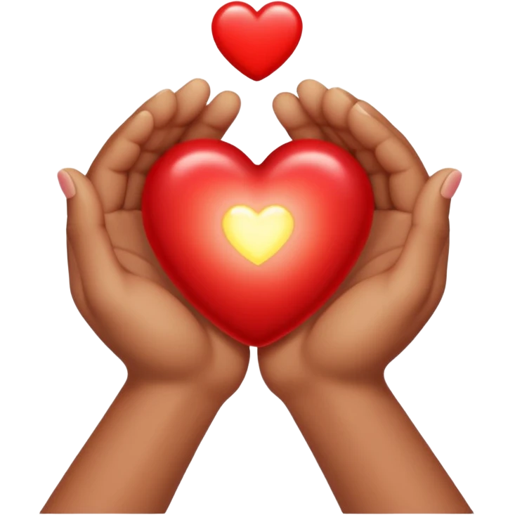 two hands gently holding a small glowing heart emoji
