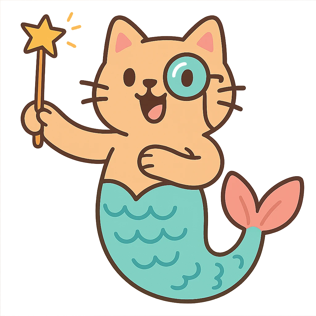 half cat half mermaid with a monocle and a magic wand in pastel toon style emoji