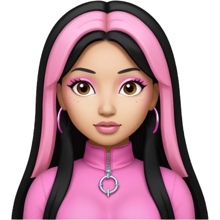 Nicki Minaj long black hair with pink highlights, pink outfit emoji
