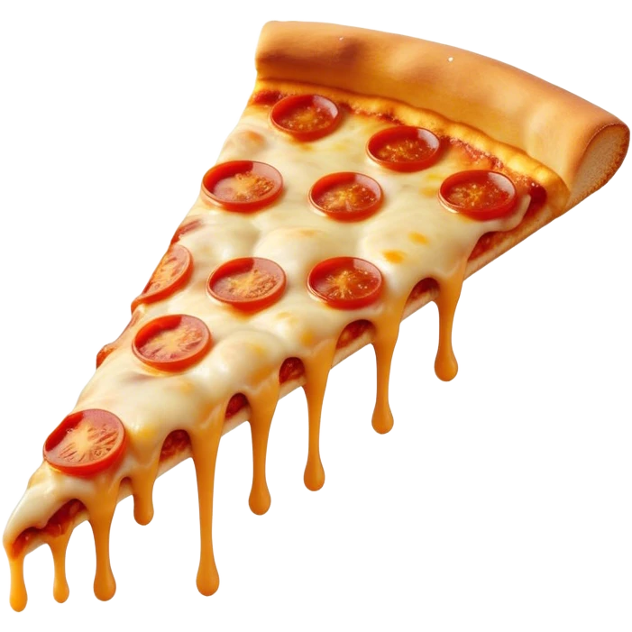 Cinematic cheesy pizza slice, gooey melted cheese stretching as a bite is taken, crispy golden crust, rich tomato sauce, vibrant toppings, warm glowing background, inviting and delicious. emoji