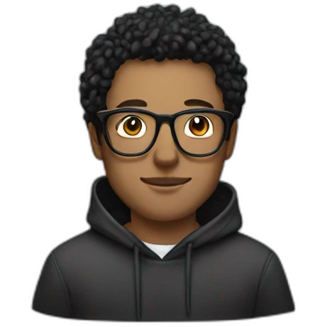 White Man with black carly hair wearing glasses and hoodie sit Infront of laptop emoji