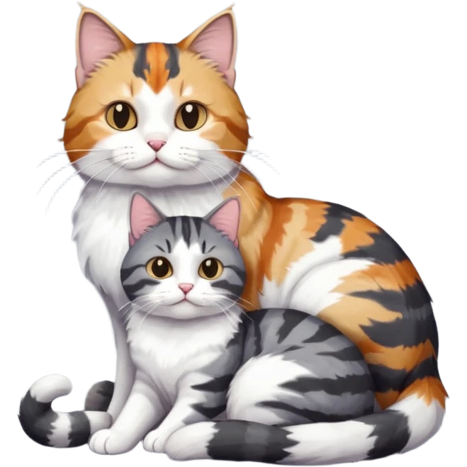 full body colourful light patched calico + white tabby cat cuddling a bigger cat that is dark grey and white tabby cat  emoji
