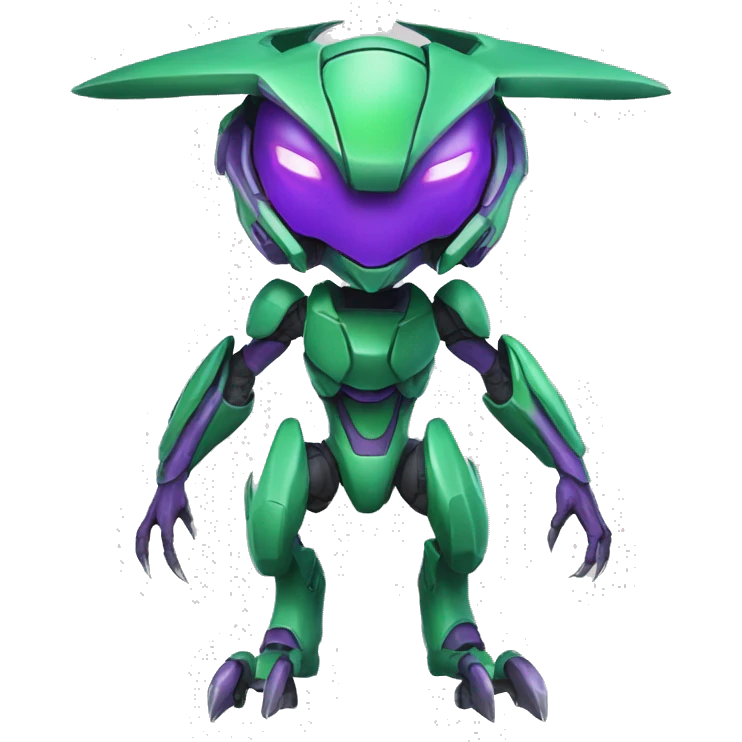a purple-green Genesect-Raptor-Fakémon—hybrid with a futuristic visor-helmet full body emoji