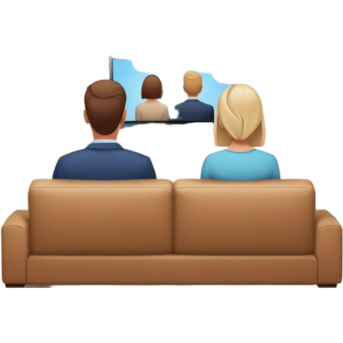 A man and a women photographed from behind, sitting on a sofa and watching the news on TV on a modern flat screen. The setting is a living room. emoji