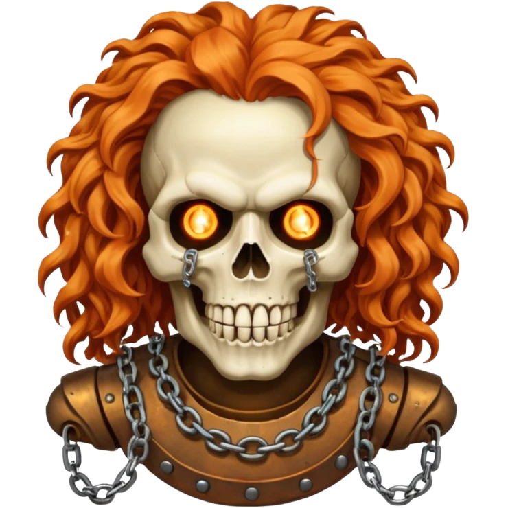 cinematic realistic steampunk Megadeth iconic skull mascot with a rusty chain in his teeth, huge curly orange hair emoji