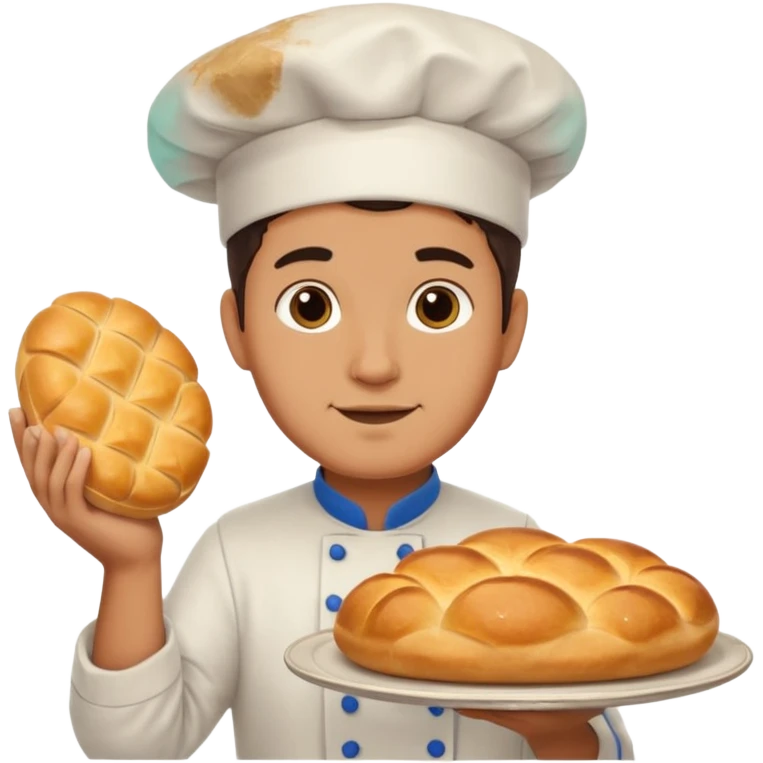 baker holding tray with big bread emoji